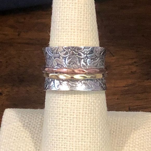 Tricolor Engraved Sterling Silver Spinner Ring - Picture 1 of 6